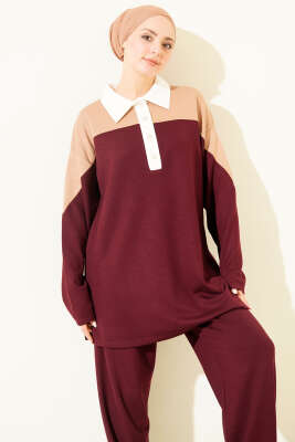 Gömlek Yaka Düğmeli Loyşa İkili Takım Bordo - Thumbnail