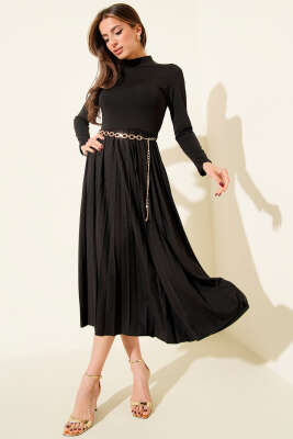 Pazarium - Balıkçı Yaka Pileli Midi Elbise Siyah