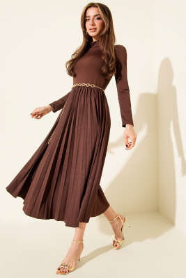 Balıkçı Yaka Pileli Midi Elbise Kahve - Thumbnail