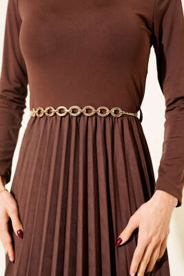 Balıkçı Yaka Pileli Midi Elbise Kahve - Thumbnail