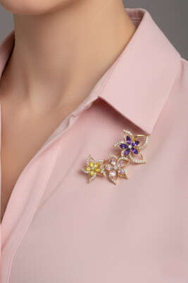 Pazarium - Renkli Çiçekli Taşlı Broş Gold