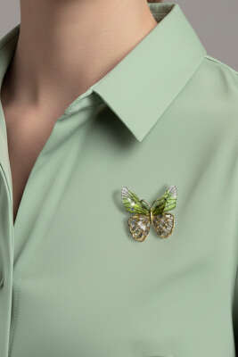 Pazarium - Kelebekli Taşlı Broş Yeşil