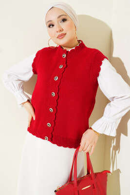 Pazarium - Fırfır Detaylı Düğmeli Triko Yelek Kırmızı
