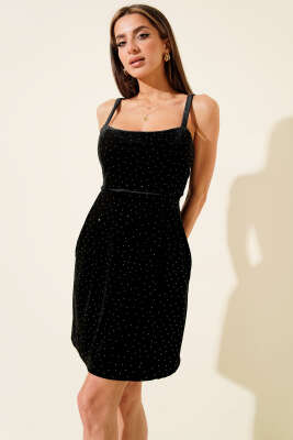 Pazarium - Mini Taşlı Askılı Kadife Elbise Siyah