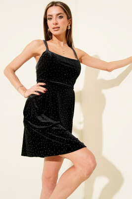 Mini Taşlı Askılı Kadife Elbise Siyah - Thumbnail