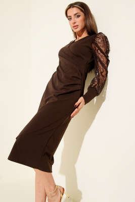 Dantel Kollu V Yaka Midi Elbise Kahve - Thumbnail