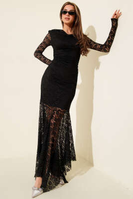 Pazarium - Degaje Yaka Dantelli Elbise Siyah