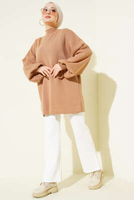 Balıkçı Yaka Balon Kol Triko Tunik Latte - Thumbnail