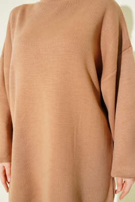 Balıkçı Yaka Balon Kol Triko Tunik Latte - Thumbnail