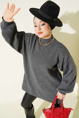 Balıkçı Yaka Balon Kol Triko Tunik Antrasit - Thumbnail