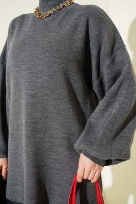 Balıkçı Yaka Balon Kol Triko Tunik Antrasit - Thumbnail