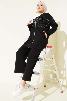 Önü İncili Fermuarlı Loyşa İkili Takım Siyah - Thumbnail