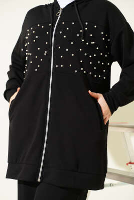 Önü İncili Fermuarlı Loyşa İkili Takım Siyah - Thumbnail