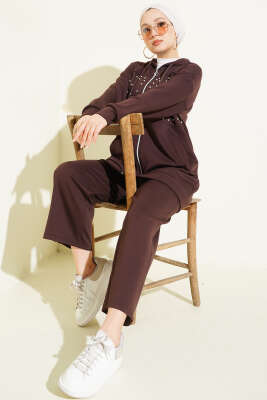 Pazarium - Önü İncili Fermuarlı Loyşa İkili Takım Kahve