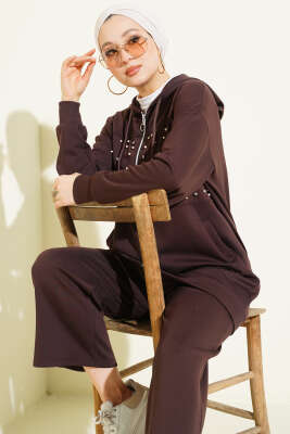 Önü İncili Fermuarlı Loyşa İkili Takım Kahve - Thumbnail