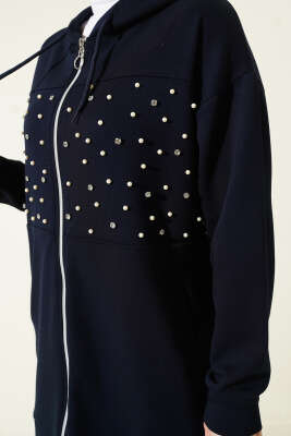 Önü İncili Fermuarlı Loyşa İkili Takım Lacivert - Thumbnail