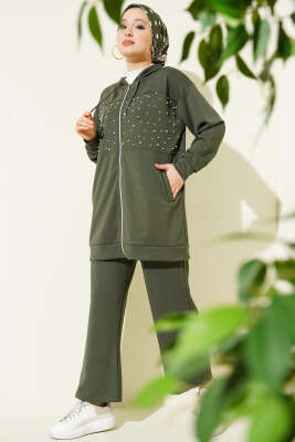 Önü İncili Fermuarlı Loyşa İkili Takım Haki - Thumbnail