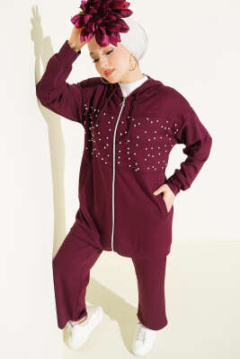 Önü İncili Fermuarlı Loyşa İkili Takım Bordo - Thumbnail