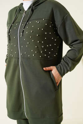 Önü İncili Fermuarlı Loyşa İkili Takım Haki - Thumbnail