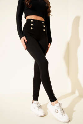 Gold Düğmeli Dar Paça Pantolon Siyah - Thumbnail