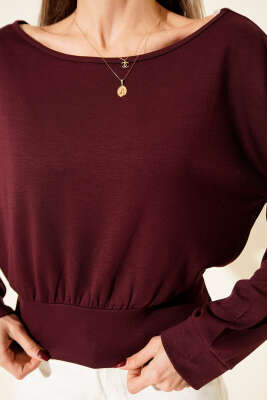 Kayık Yaka Loyşa Bluz Bordo - Thumbnail
