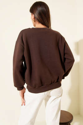 Copenhagen Baskılı Üç İplik Sweatshirt Kahve - Thumbnail