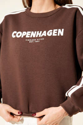 Copenhagen Baskılı Üç İplik Sweatshirt Kahve - Thumbnail