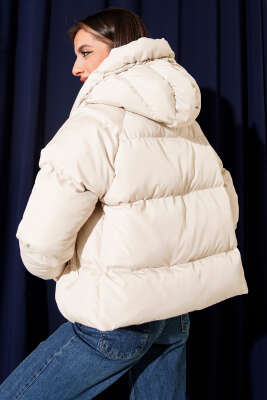 Fermuarlı Kapüşonlu Kısa Şişme Mont Taş - Thumbnail