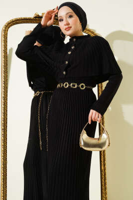 Pelerin Detaylı Pileli Triko Elbise Siyah - Thumbnail