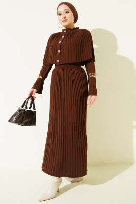 Pelerin Detaylı Pileli Triko Elbise Kahve - Thumbnail