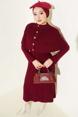 Pelerin Detaylı Pileli Triko Elbise Bordo - Thumbnail