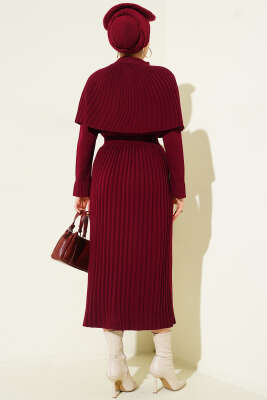 Pelerin Detaylı Pileli Triko Elbise Bordo - Thumbnail