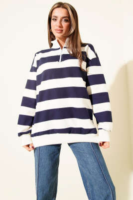 Yarım Fermuarlı Şardonlu Sweatshirt Lacivert - Thumbnail