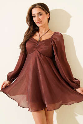 Pazarium - Boyun Bağcıklı Parlak Şifon Mini Elbise Gül Kurusu