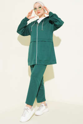 Pazarium - İki İplik Kapüşonlu Fermuarlı İkili Takım Zümrüt