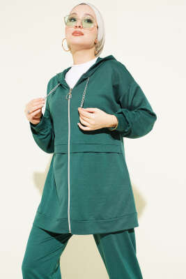 İki İplik Kapüşonlu Fermuarlı İkili Takım Zümrüt - Thumbnail