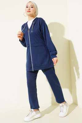 Pazarium - İki İplik Kapüşonlu Fermuarlı İkili Takım Lacivert