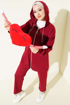 Pazarium - İki İplik Kapüşonlu Fermuarlı İkili Takım Bordo