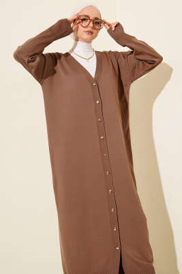 Düğmeli Uzun Merserize Hırka Vizon - Thumbnail