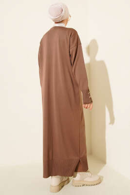 Düğmeli Uzun Merserize Hırka Vizon - Thumbnail