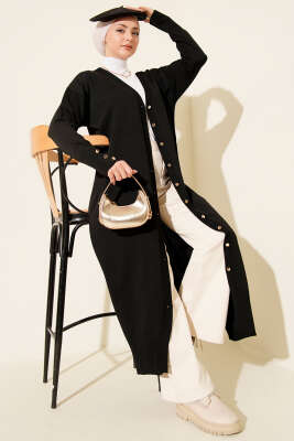 Düğmeli Uzun Merserize Hırka Siyah - Thumbnail