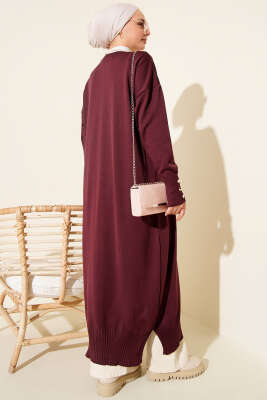 Düğmeli Uzun Merserize Hırka Mürdüm - Thumbnail