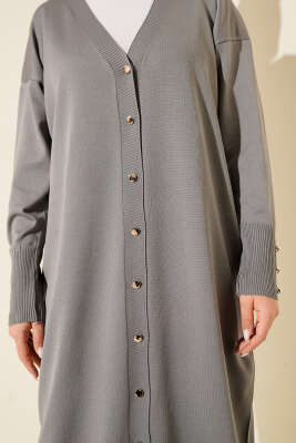 Düğmeli Uzun Merserize Hırka Gri - Thumbnail