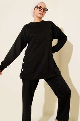 Yanları Düğmeli İki İplik İkili Takım Siyah - Thumbnail