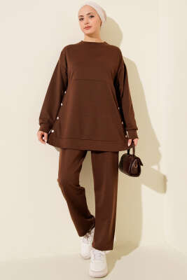 Yanları Düğmeli İki İplik İkili Takım Kahve - Thumbnail