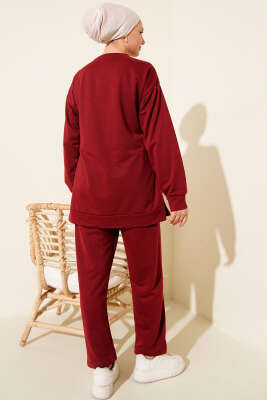 Yanları Düğmeli İki İplik İkili Takım Bordo - Thumbnail