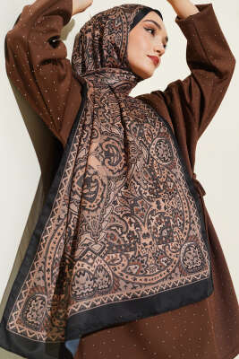Pazarium - Paisley Motif Soft Şal Siyah Camel