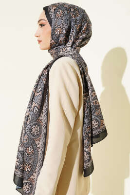 Paisley Motif Soft Şal Siyah Bej - Thumbnail