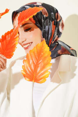 Pazarium - Flowers Desen Demore Eşarp Siyah Gri