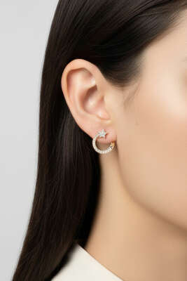 Pazarium - Yıldızlı Taşlı Küpe Gold